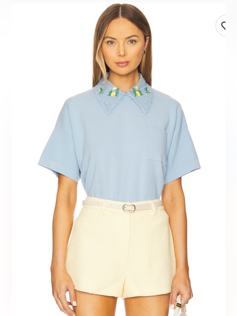 Essentiel Antwerp Pale Blue Knit Polo with Embroidered Floral Collar